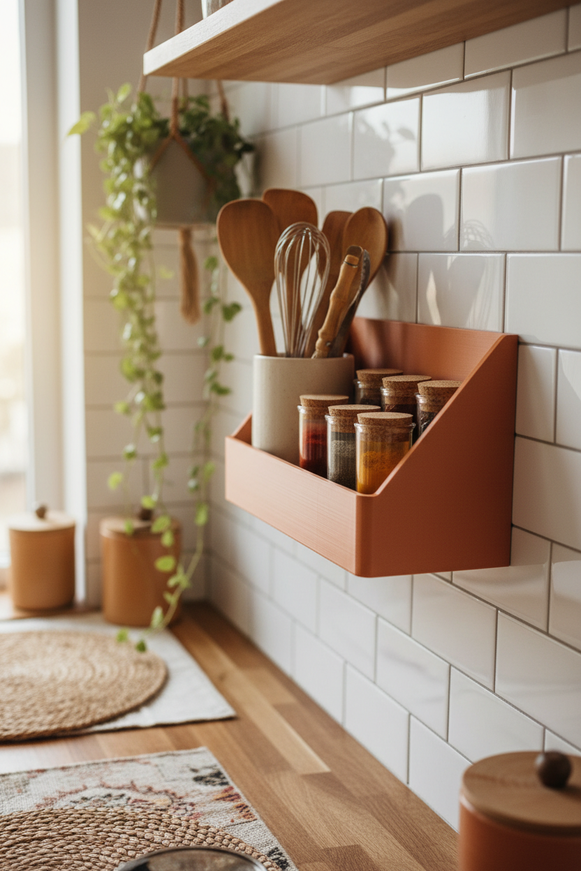 Terracotta orange Hydro Holder wall-mounted organizer on kitchen tiles with utensils and spice jars