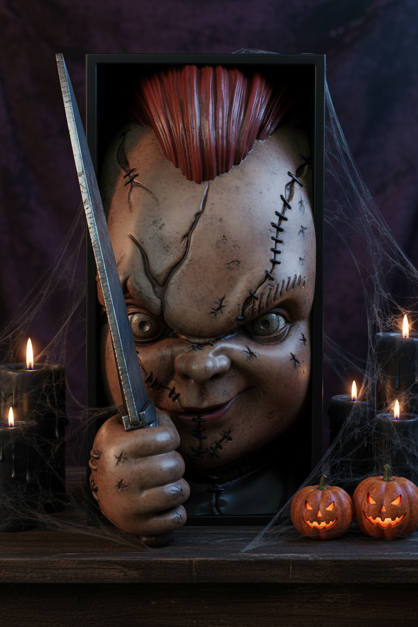 Chucky book nook relief sculpture black framed box dark wooden surface Halloween decorations black candles spider webs carved pumpkins dramatic moody sinister Halloween interior portrait