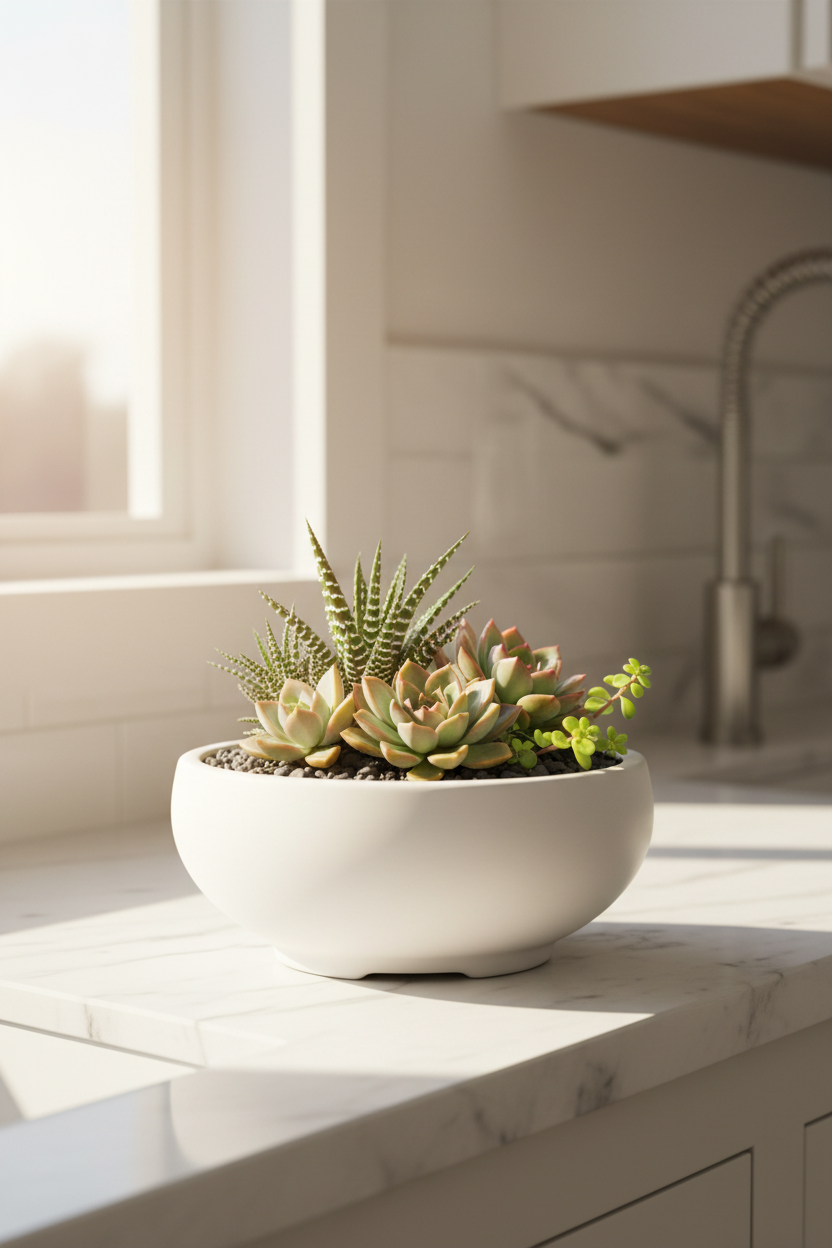 Minimalist Bonsai Pot with succulents on a kitchen windowsill