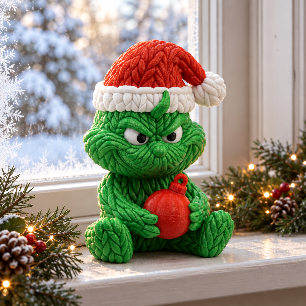 Knitted Grinch figure displayed on a softly frosted winter windowsill