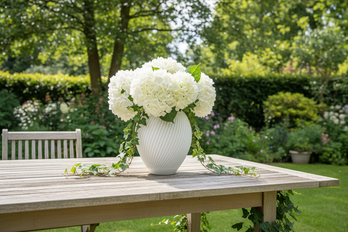 Versa slatted vase with white hydrangeas on a wooden outdoor garden table with lush green background