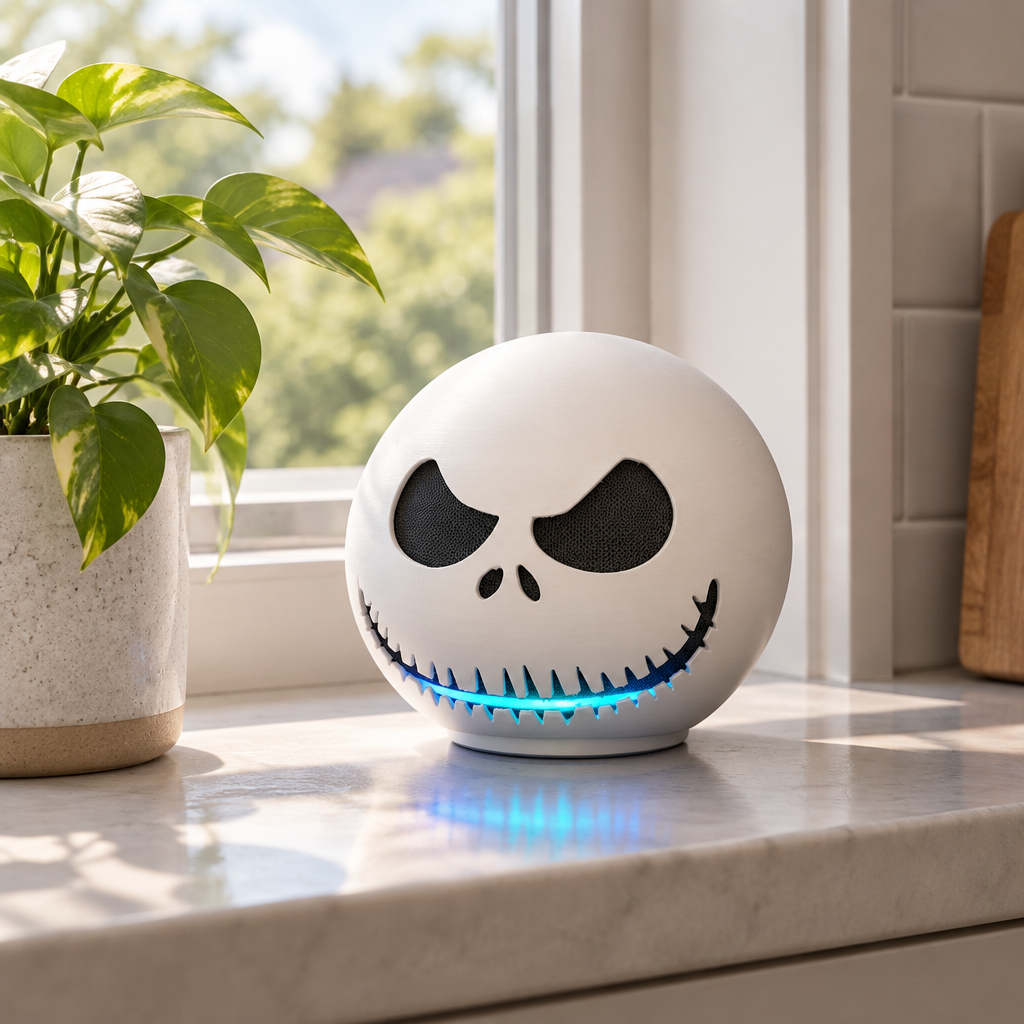 Jack Skellington shell on a kitchen windowsill with a potted plant