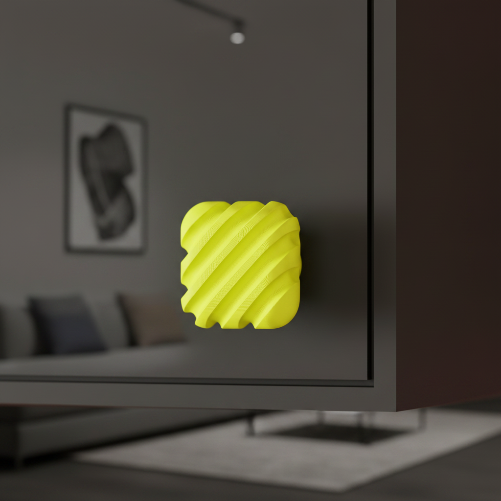 Ribbed handle in neon yellow on dark charcoal sideboard – moody editorial