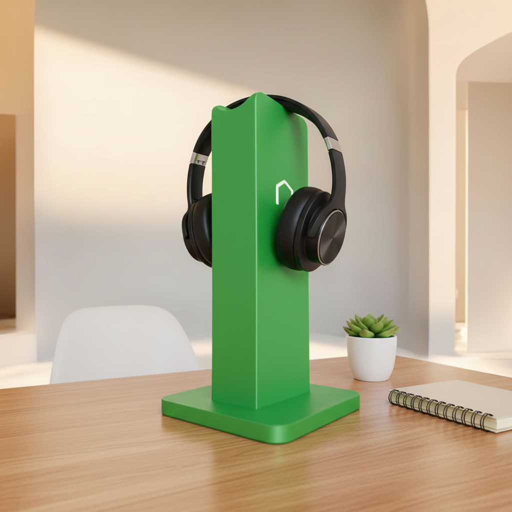 Minimalist Headphone Holder - green colourway on home office desk with succulent