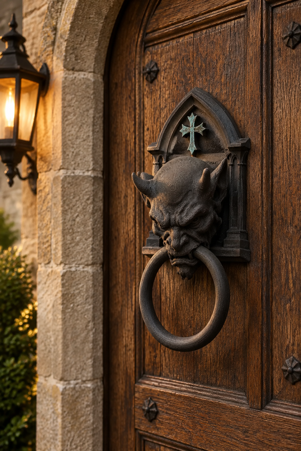 Gargoyle knocker on oak door in lantern light
