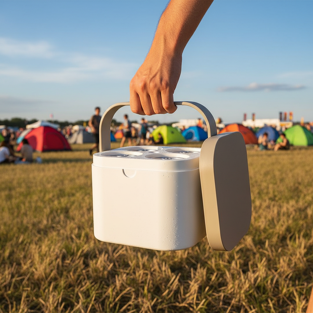 Matte white freezable can carrier being carried through sunny festival field with colourful tents in background