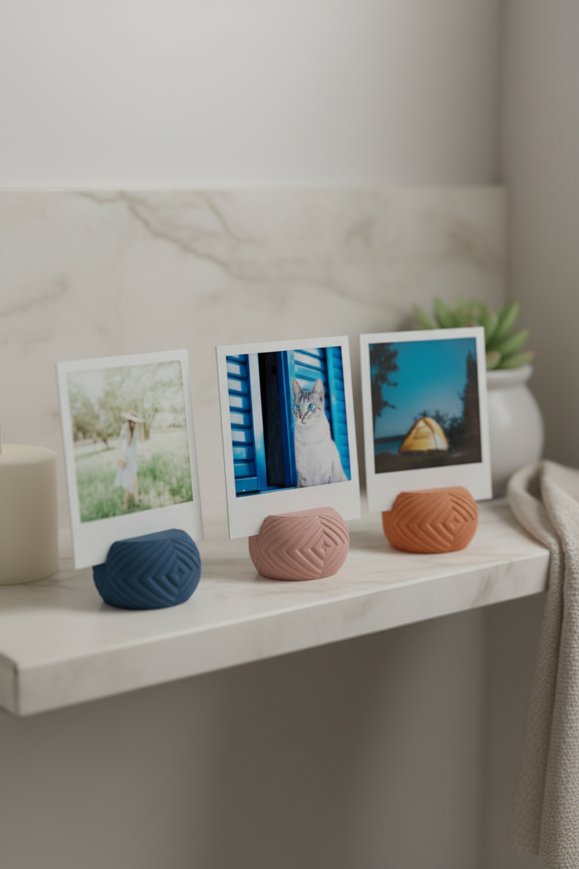 Three Geometric Mini Photo Holders deep navy blue dusty pink terracotta orange matte diamond lattice pebble form each holding square polaroid print pale marble bathroom shelf white candle small succulent folded linen towel soft diffuse light portrait