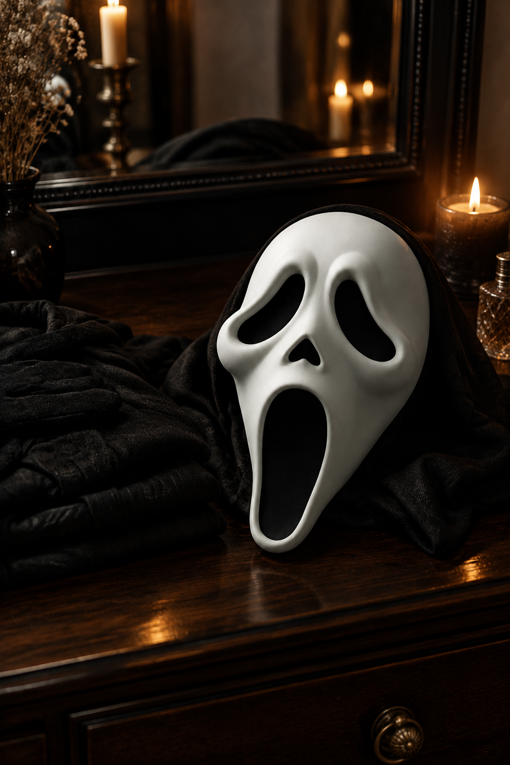 White Ghostface Mask on a dark wood dressing table