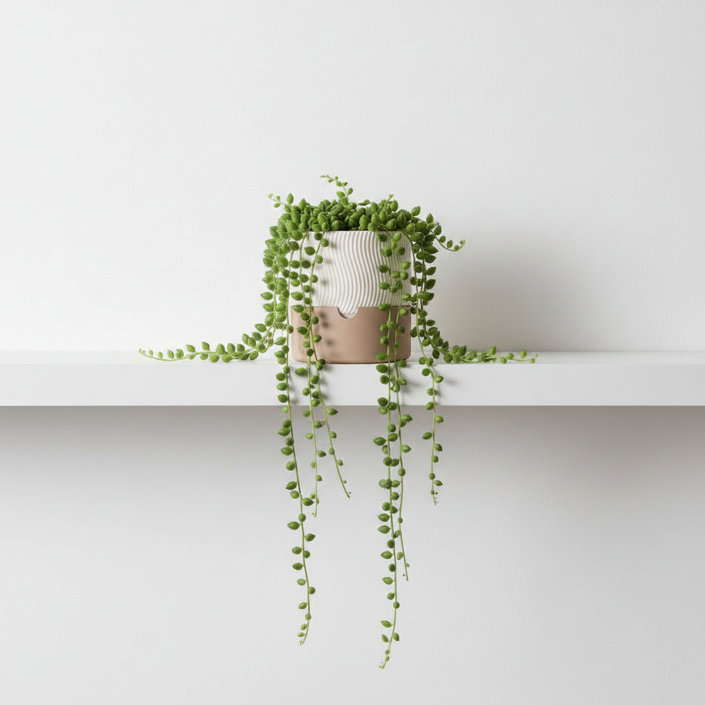 Warm beige ribbed self-watering planter with string of pearls on a minimalist white shelf