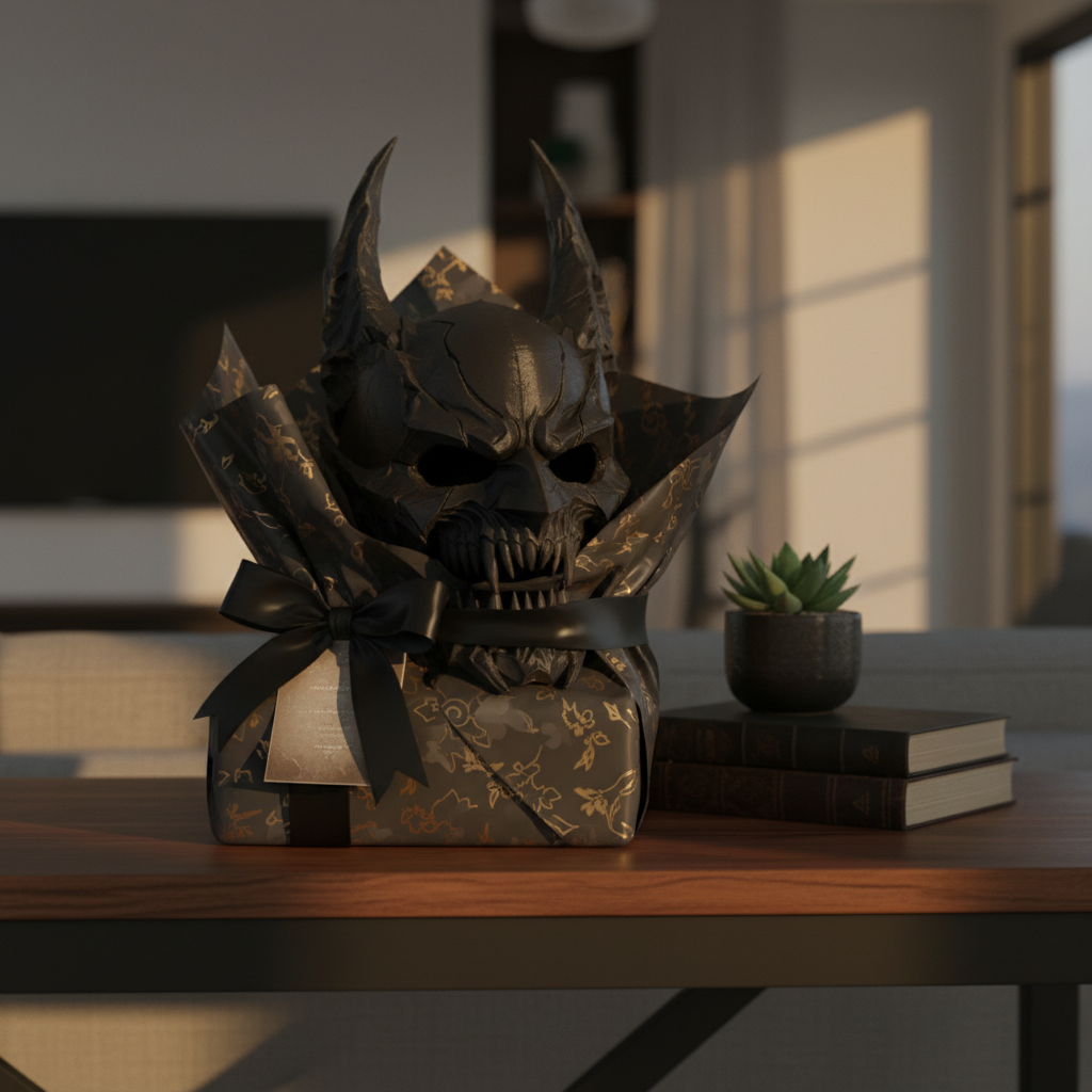 Deep charcoal Demon Skull Helmet Sculpture presented as a dramatic housewarming gift display