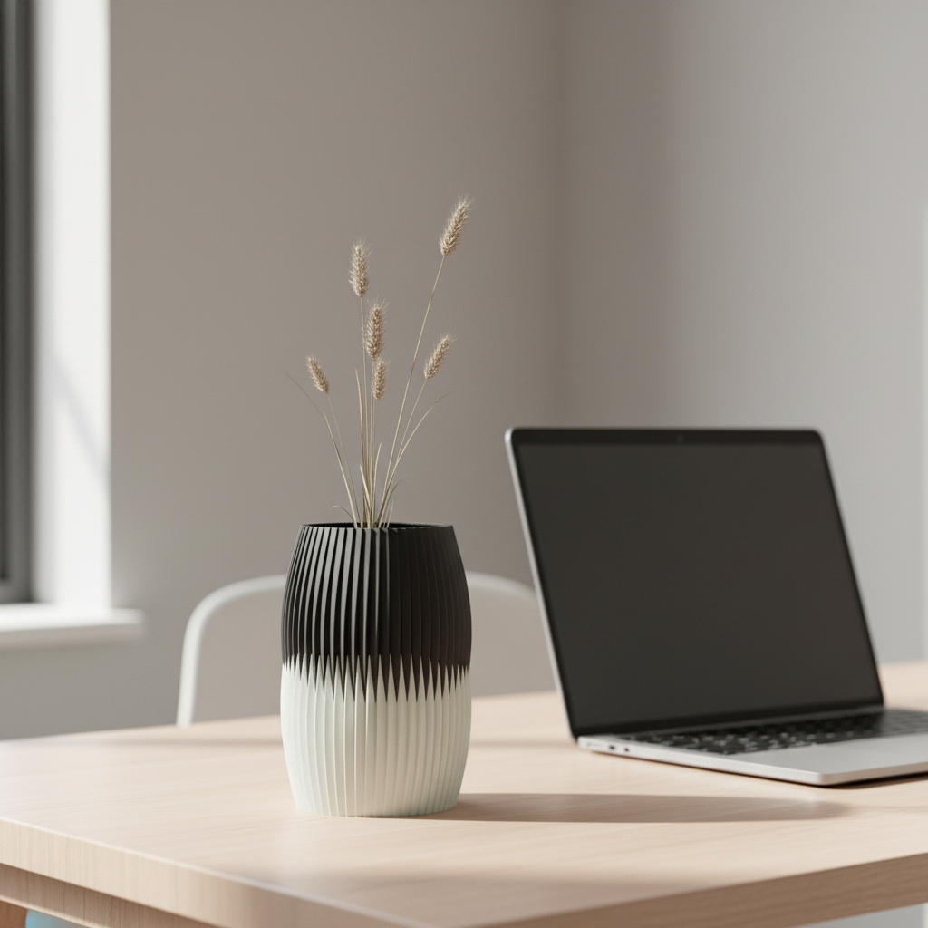 Black-top interlocking vase with a white bottom and dried grasses on a desk