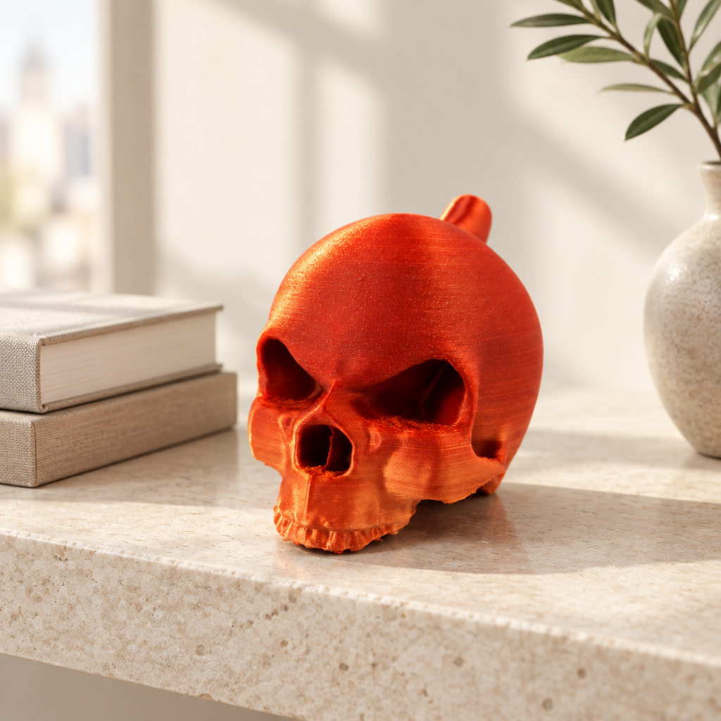 The orange skull ornament displayed on a pale stone shelf in a bright modern apartment.