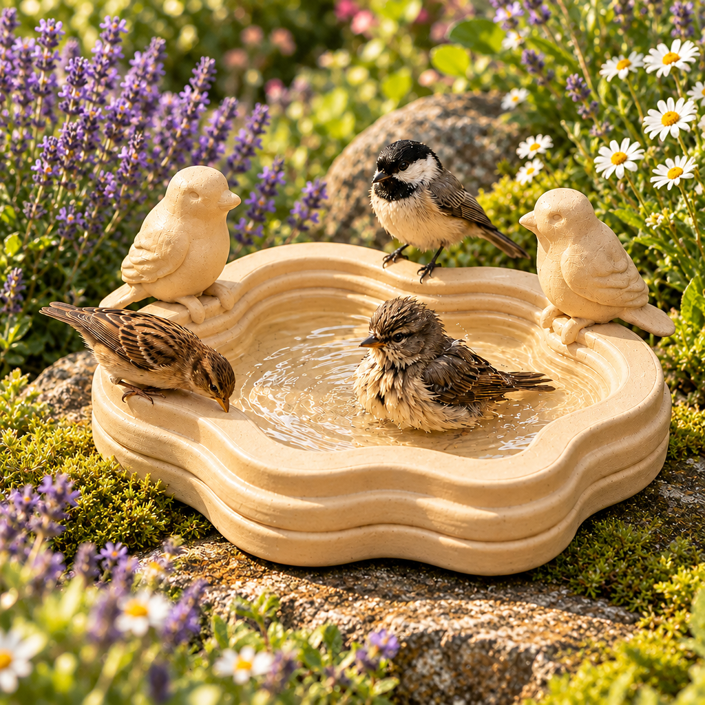 Little Lake bird bath on mossy rock in a cottage garden
