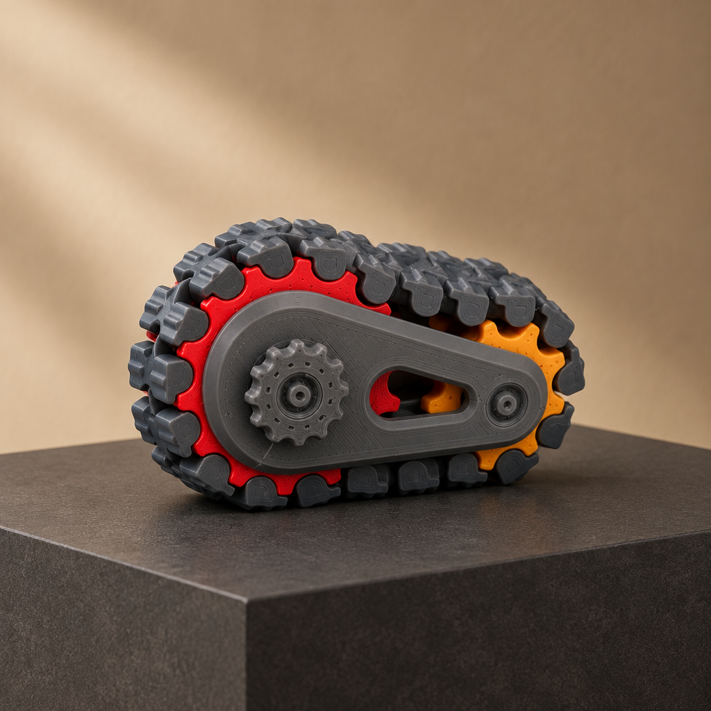 Grey Tank Track Gear Fidget on a charcoal display plinth