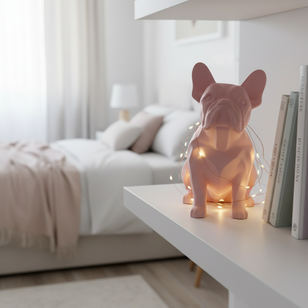 Dusty pink Frenchie Sculpture on a white bedroom shelf with fairy lights and books