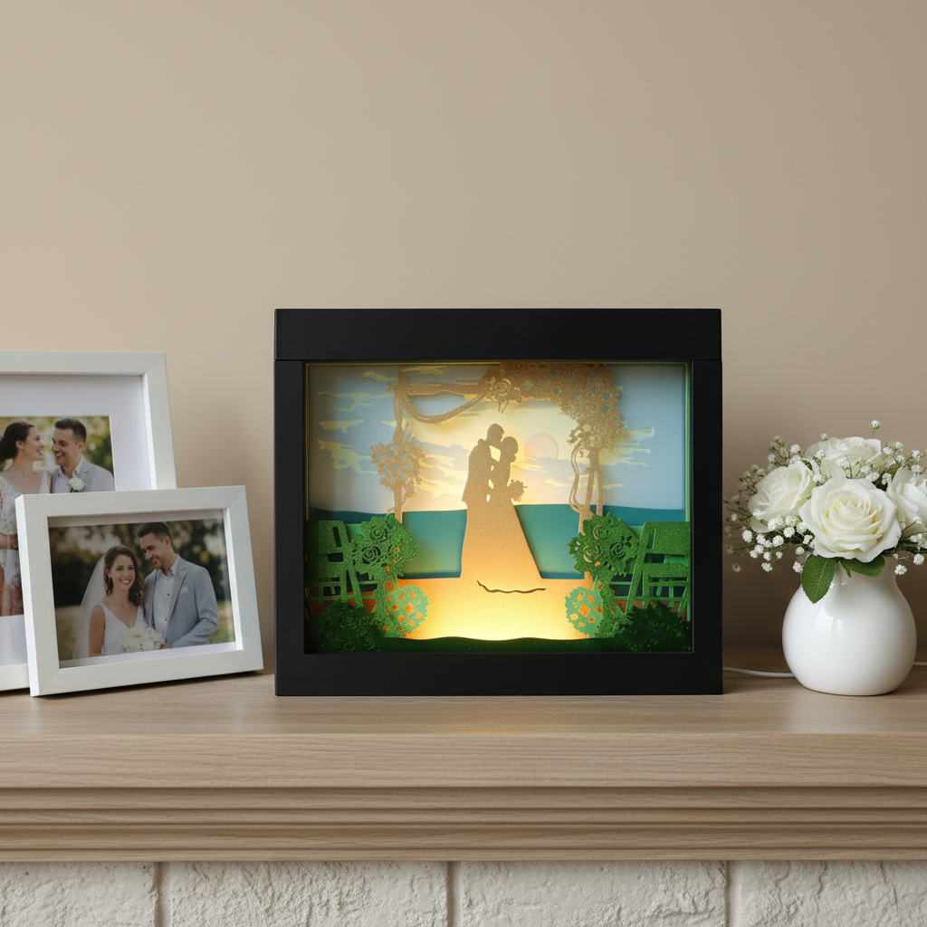 Wedding Shadow Box displayed on a mantelpiece with wedding photos and white flowers