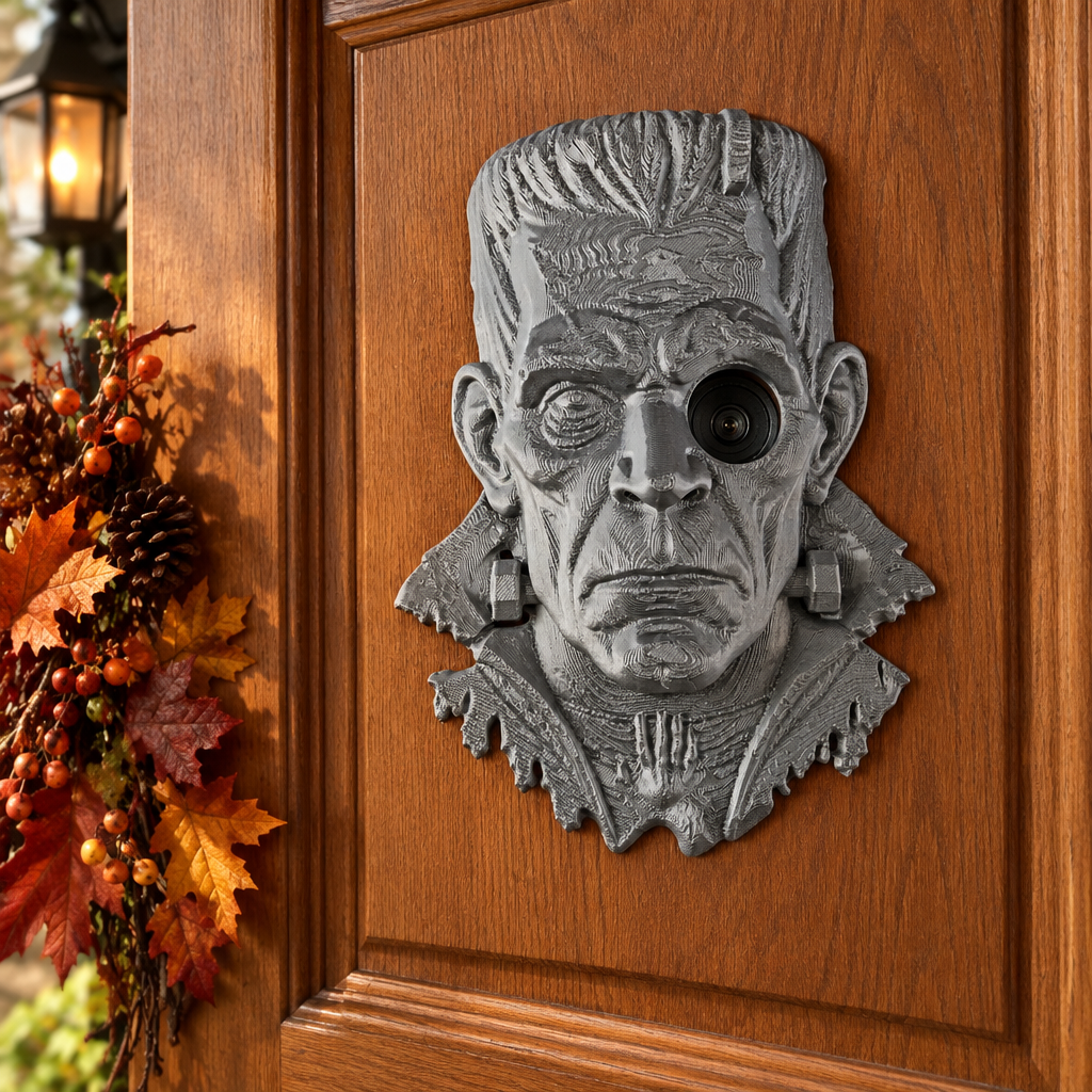 Frankenstein peephole decoration on oak door