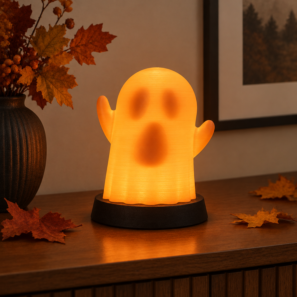 Orange Ghost Lamp glowing with its spooky face revealed on a console