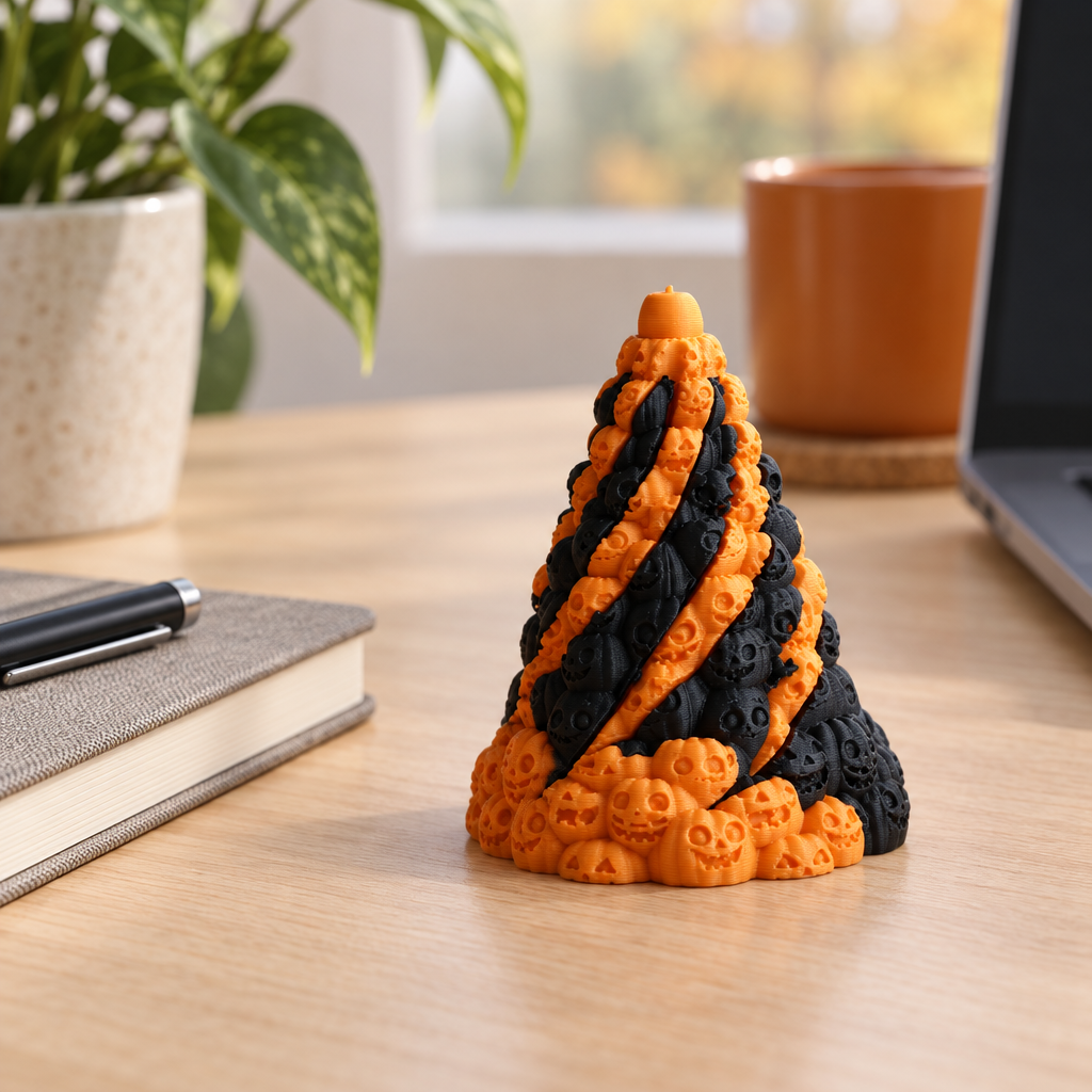 Orange and black Skull Mountain fidget on a pale oak desk
