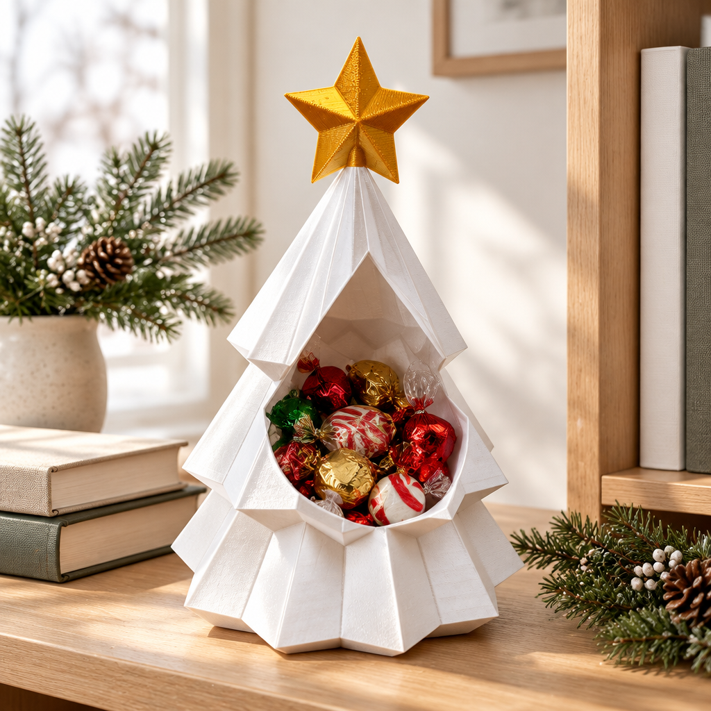 White Christmas tree snack bowl displayed on a bookshelf-sideboard with winter greenery