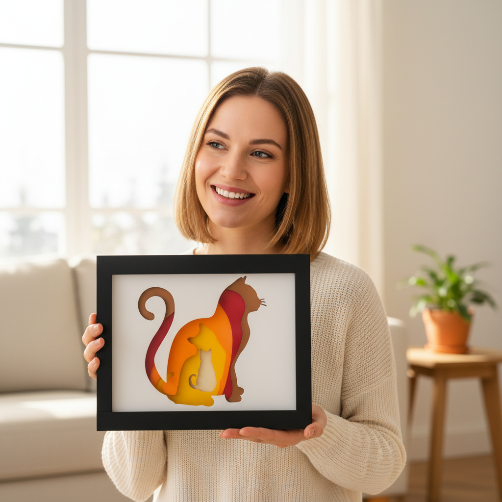 Cat Shadow Box being held up as a gift by a woman smiling, bright natural light