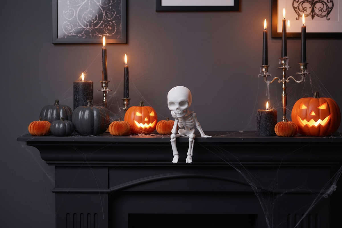 Sitting Sad Skeleton Figure on a Halloween mantel with pumpkins and candles