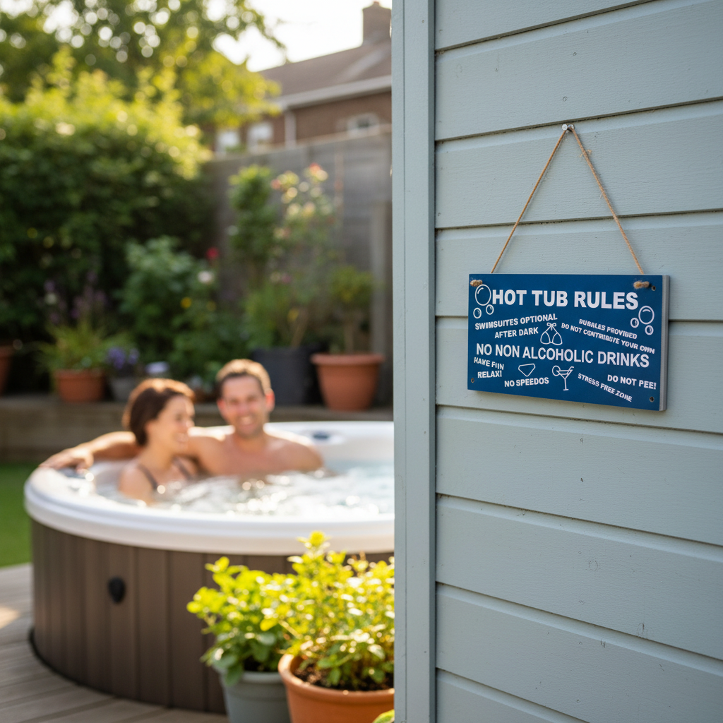 Blue Hot Tub Rules Sign hung at realistic scale on garden shed wall with couple relaxing in hot tub
