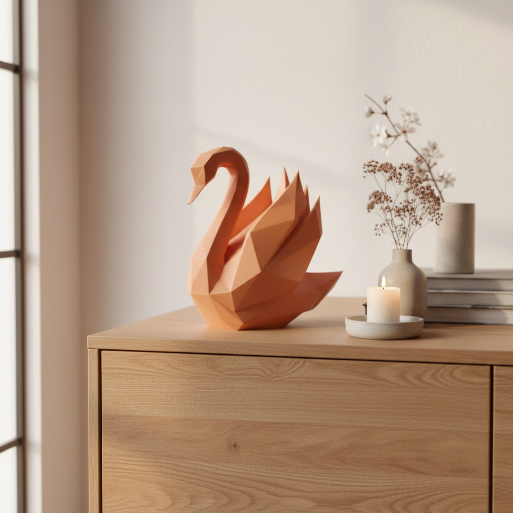 Terracotta orange low-poly swan sculpture on oak bedside table with candle and dried flowers