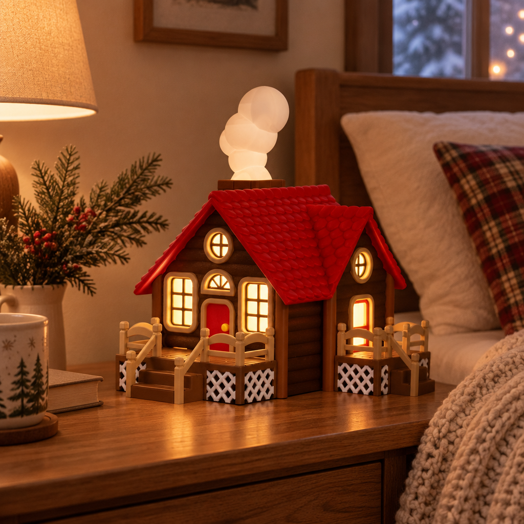 Cabin tealight holder on a cosy guest-room bedside table