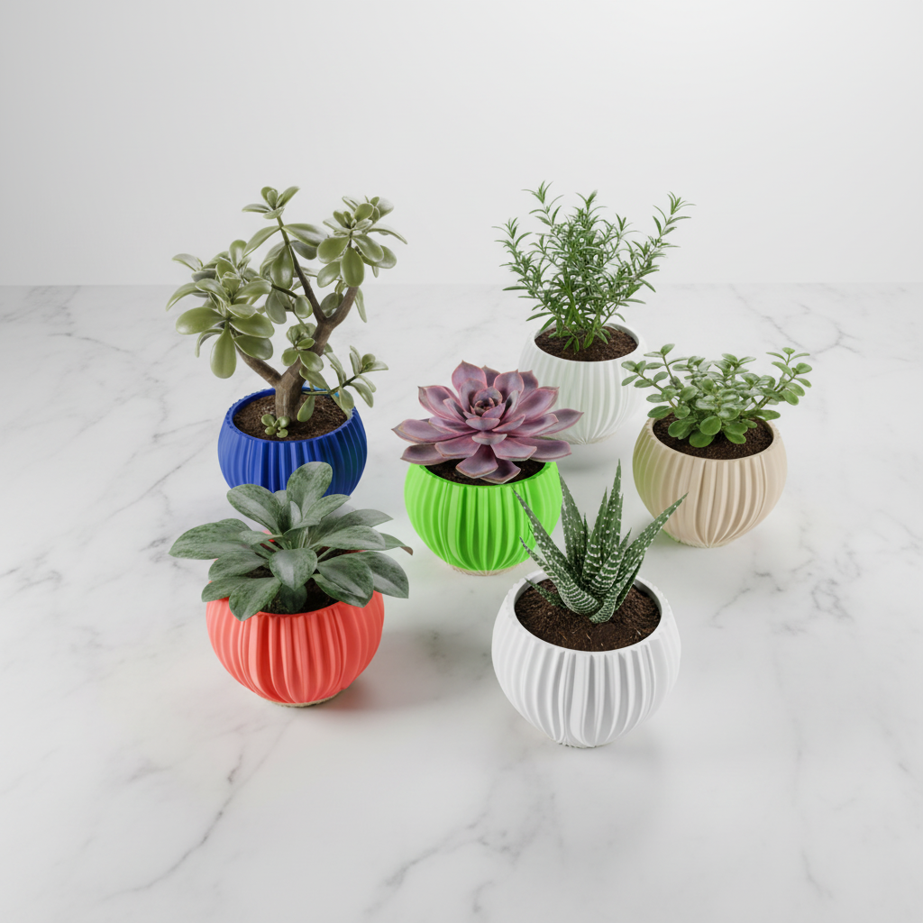 Multi-colour ripple planters flat lay on white marble - lifestyle