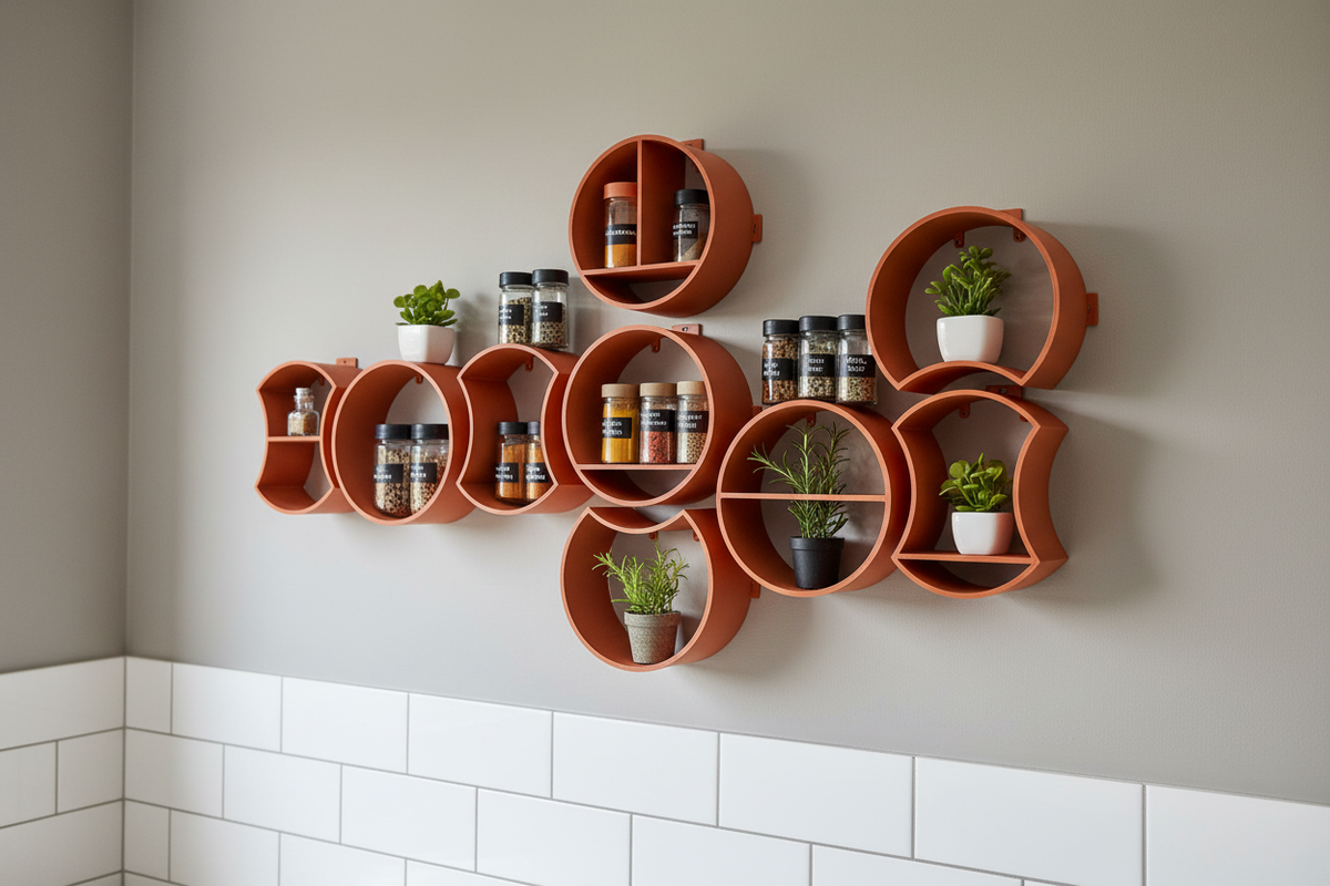 Terracotta orange modular round shelf system in horizontal cluster on kitchen wall above subway tiles with spice jars