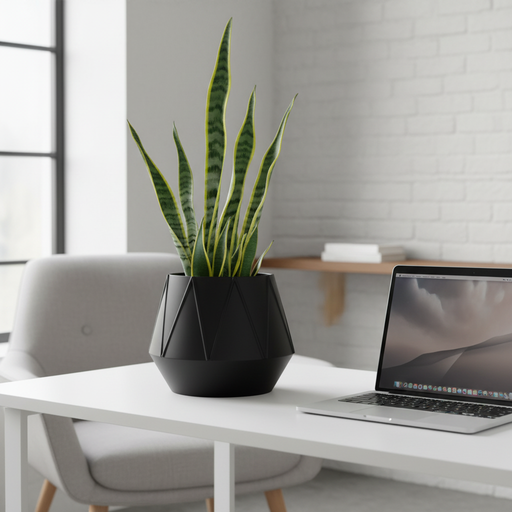 Matte black GeoBloom planter with a snake plant on a minimalist white desk in a modern home office