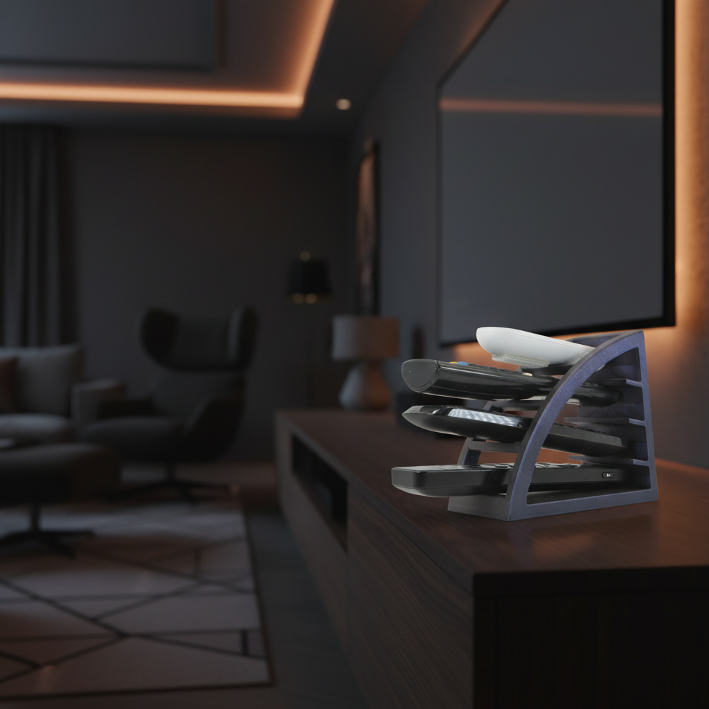 Remote Control Organizer holding 4 remotes on a media unit in a dark home cinema room with ambient lighting