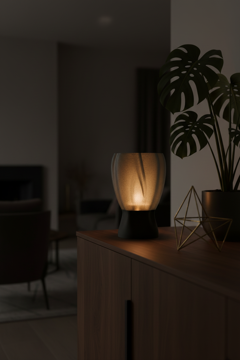Charcoal draped organic lamp glowing on walnut sideboard moody dark luxury interior lifestyle