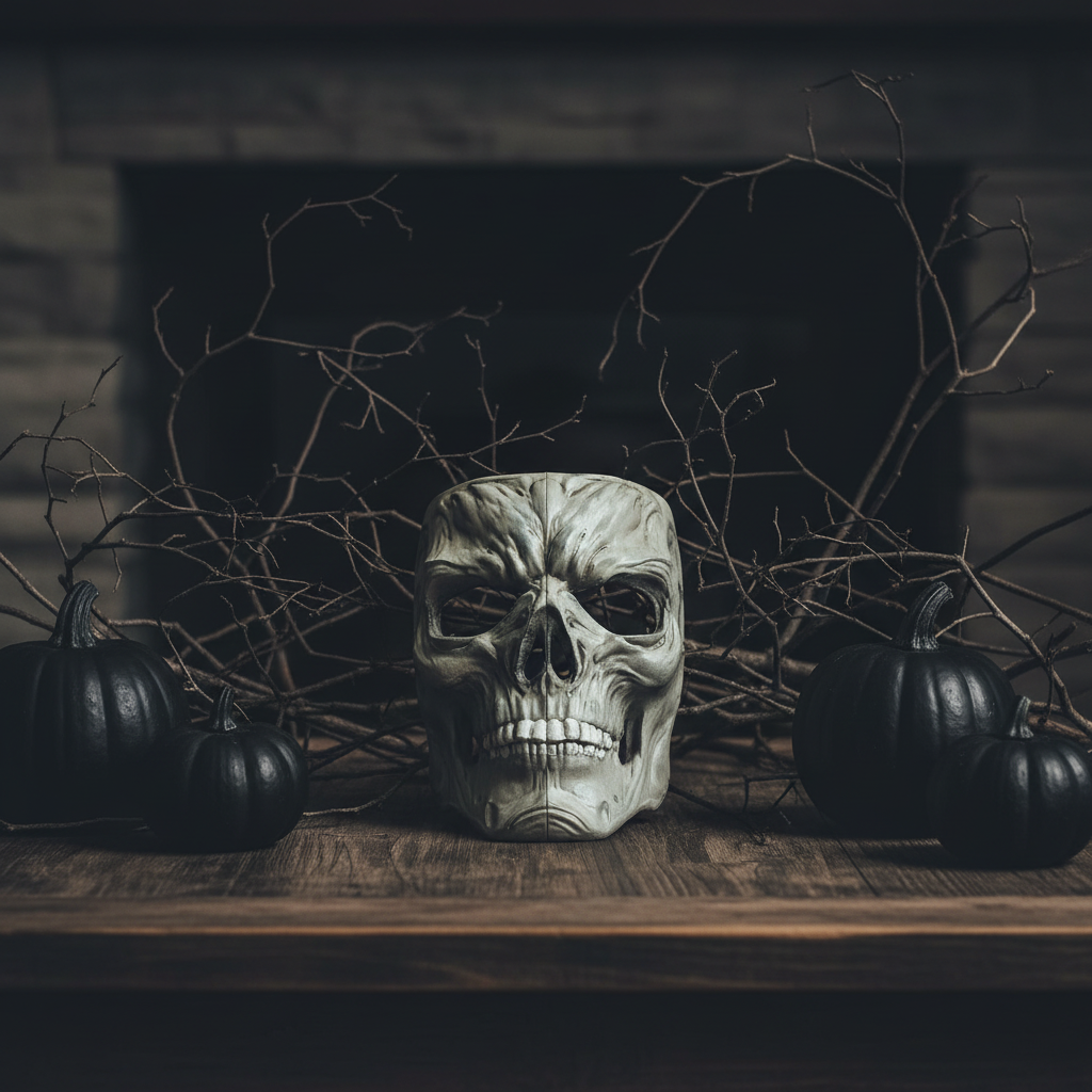 Gray gothic skull mask sculpture on a Halloween table