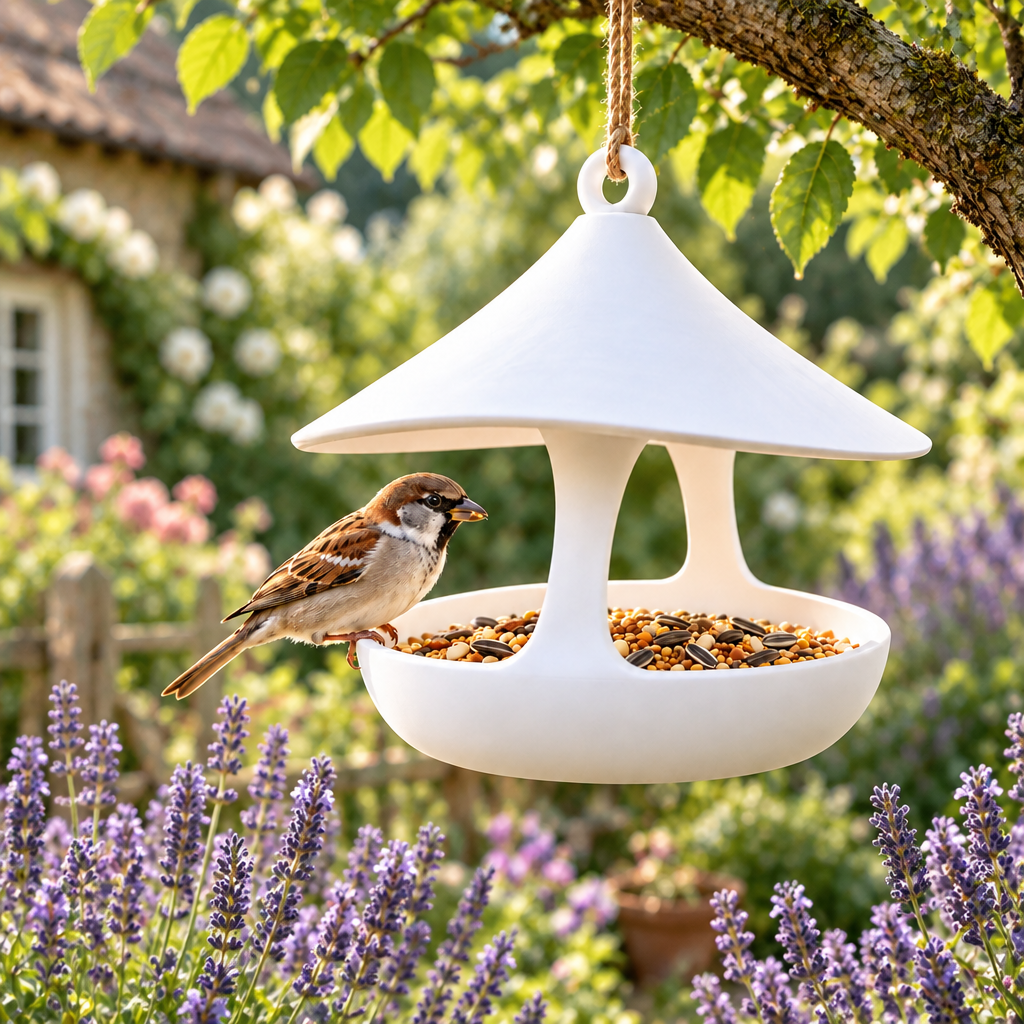 Modern bird feeder beside lavender