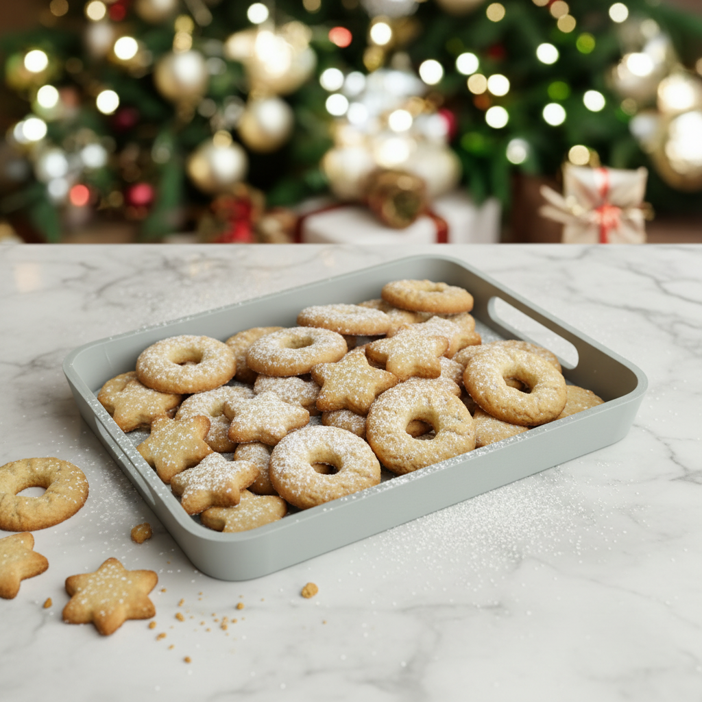 Winter village tray as cookie tray with Christmas shortbread on marble kitchen counter lifestyle