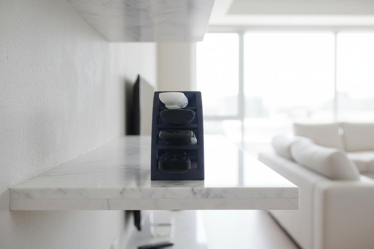 Remote Control Organizer on a white marble shelf in a bright modern interior
