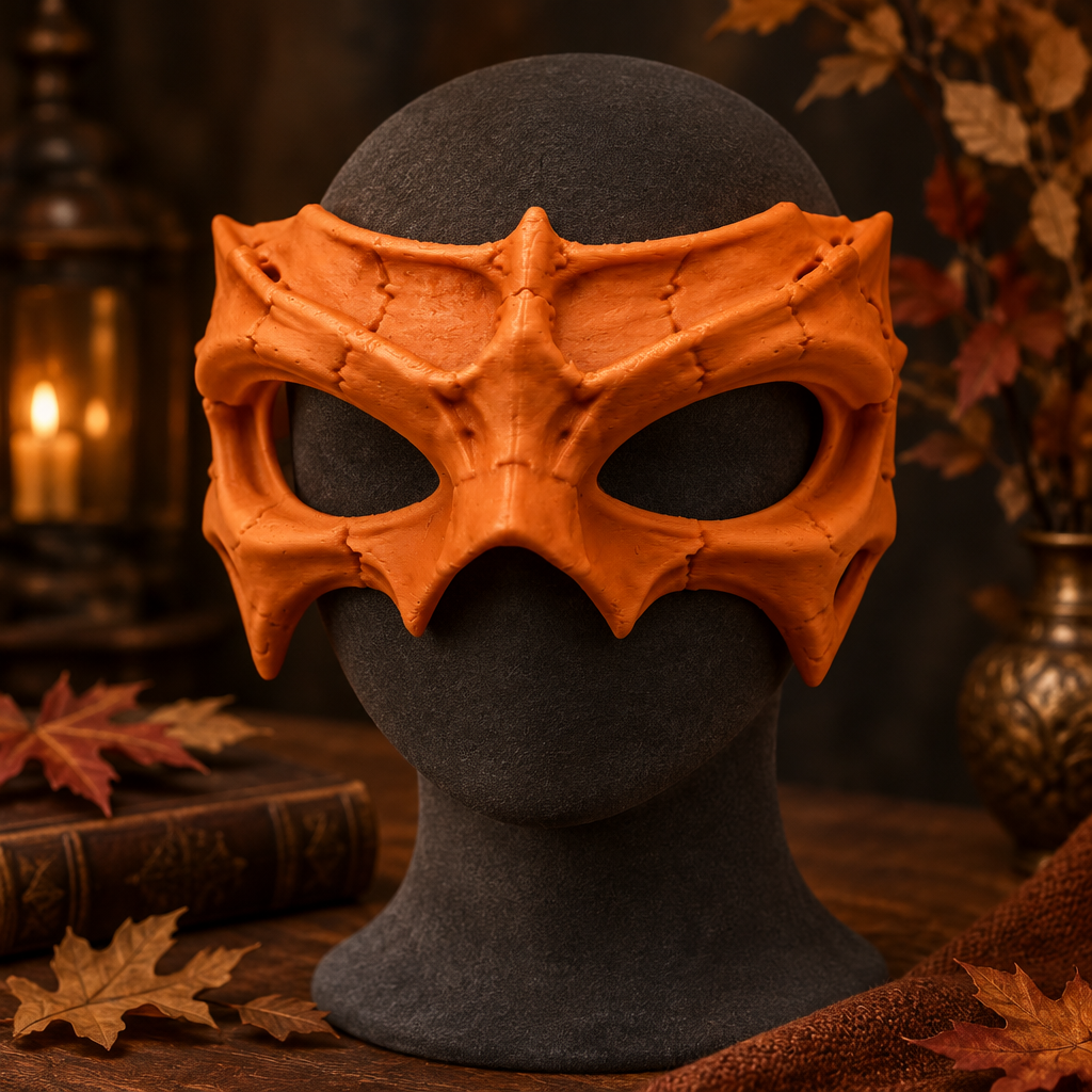 Orange Bone Wraith Mask on a display stand in an autumn costume setting.