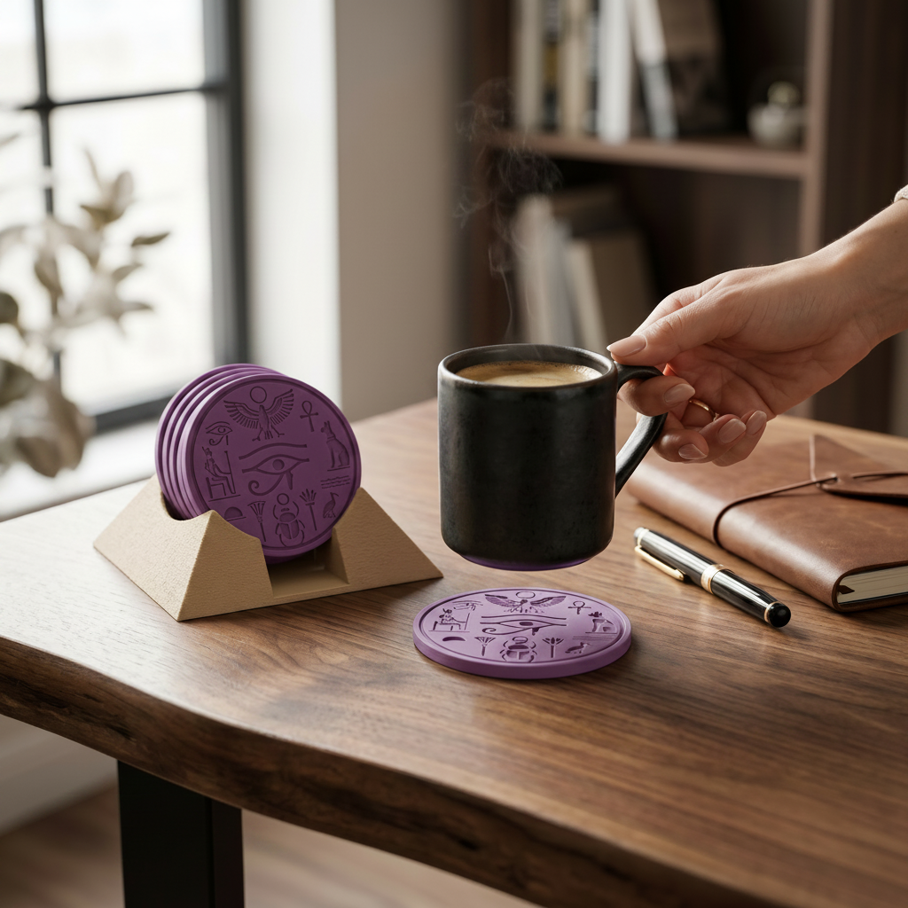 Ancient Egyptian Pyramid Coaster Set - Purple colourway lifestyle 2