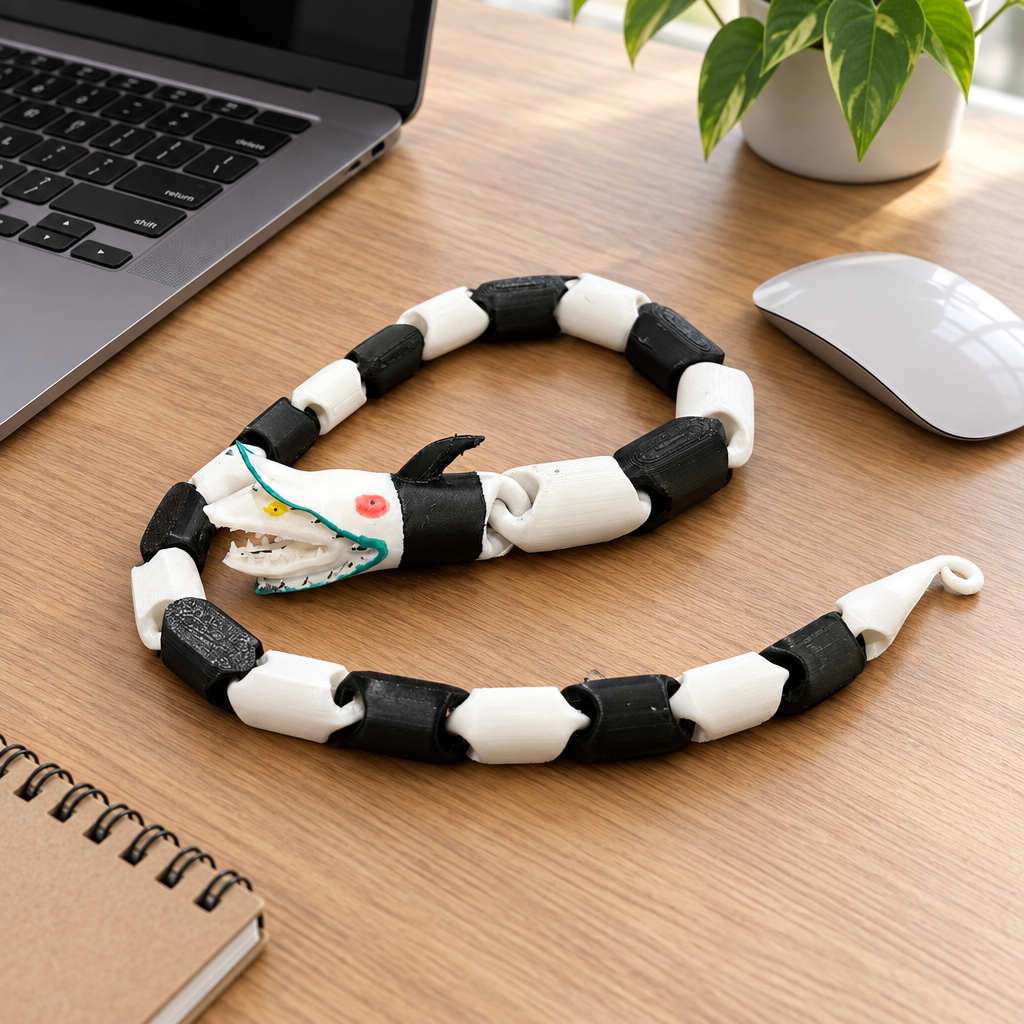 Articulated snake fidget beside a laptop in a tidy modern workspace