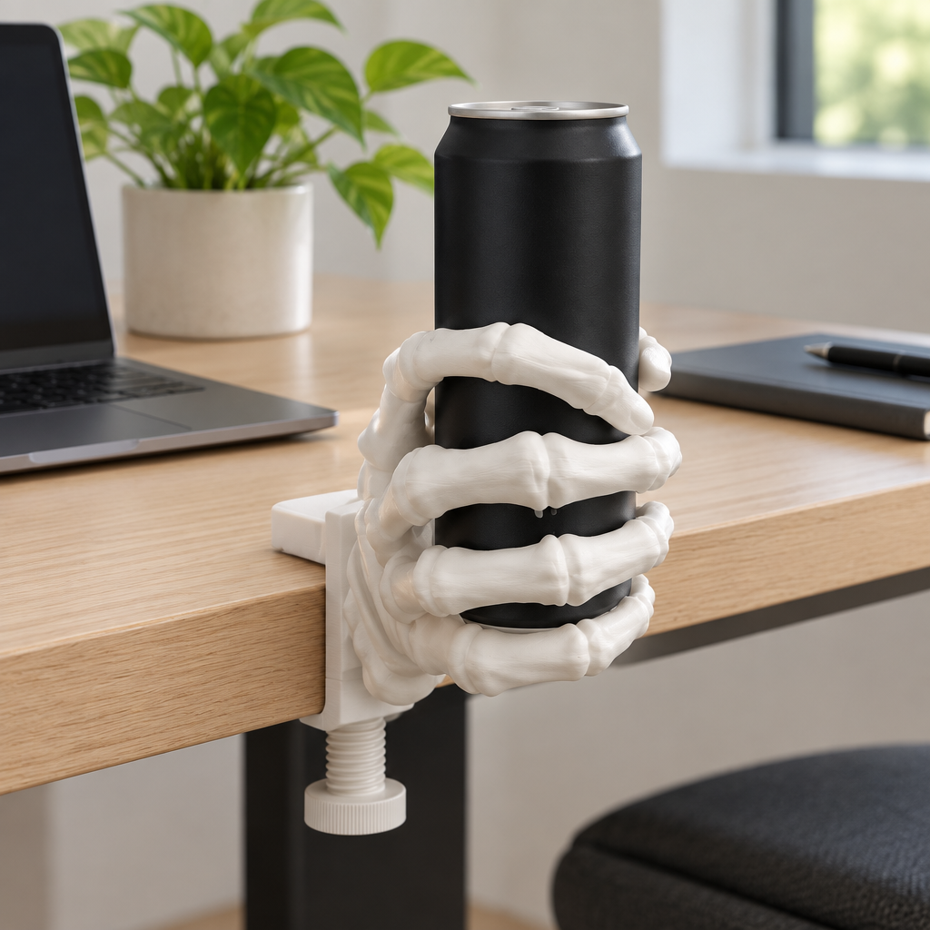 White skeleton hand holder clamped to an oak desk with a plain black can