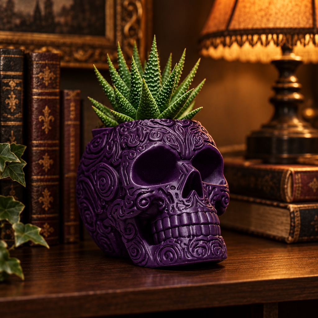 Purple ornate skull planter holding a small succulent on a dark bookshelf