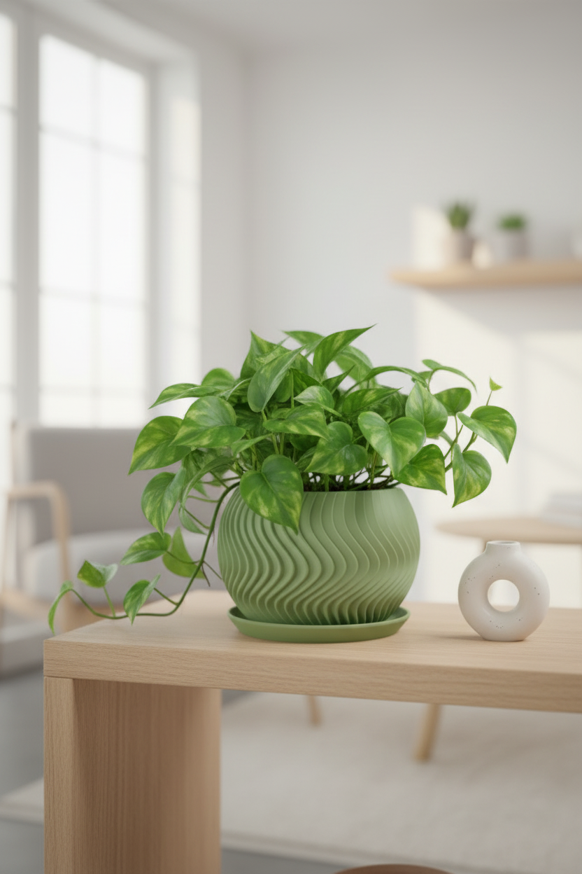 Modern Wavy Planter Pot soft sage green flowing vertical wave texture matching drainage tray trailing pothos plant pale oak shelf Japandi minimal living room small ceramic ornament soft morning window light portrait