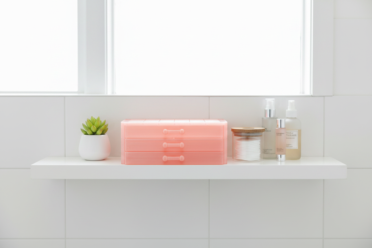 Make-up Organizer on a minimalist bathroom shelf with skincare products