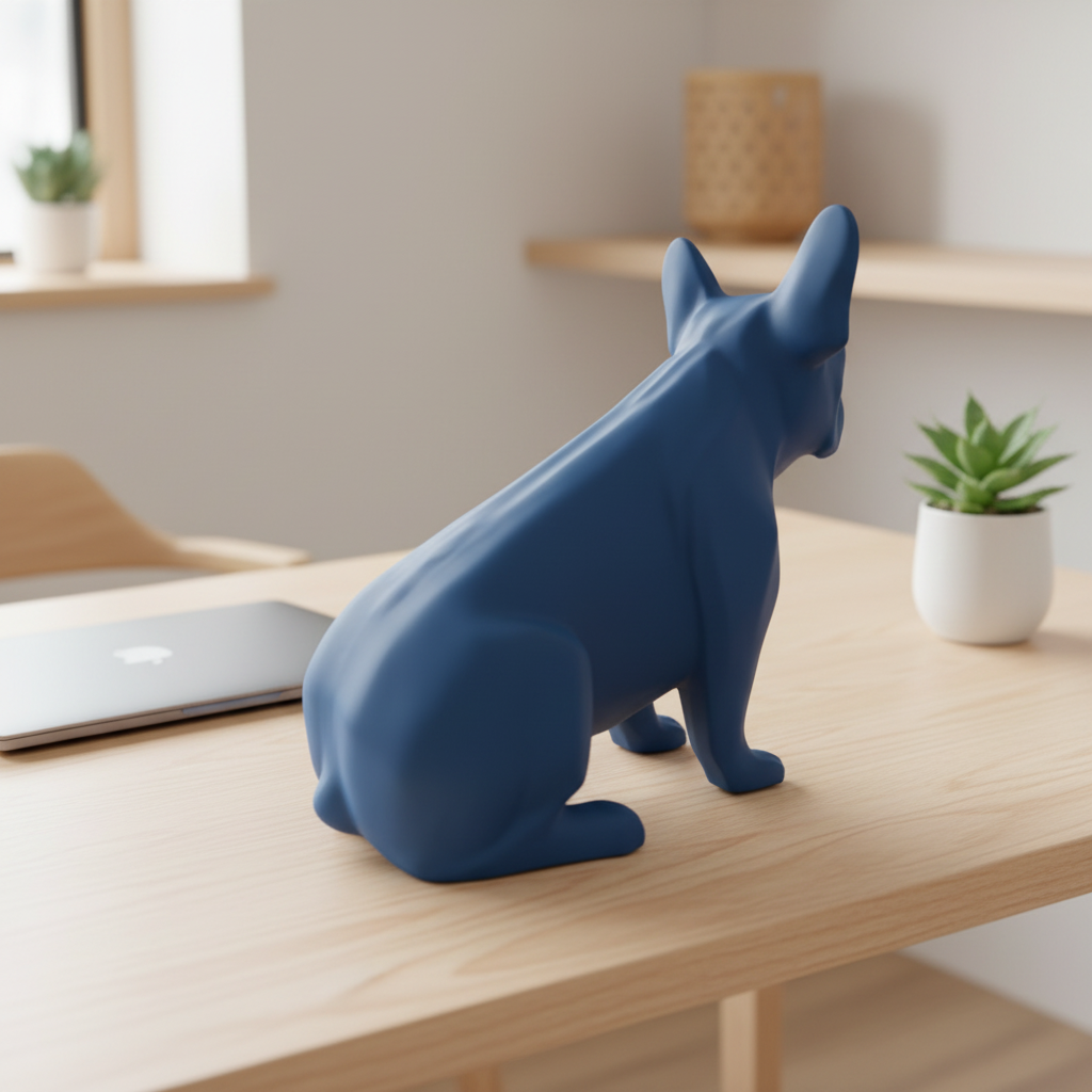Deep blue Frenchie Sculpture on a minimalist Japandi home office desk with a laptop and plant