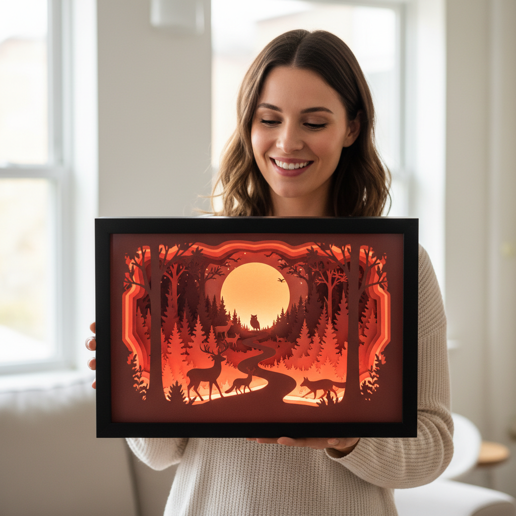 Moonlit Forest Walk Shadow Box being held up as a gift by a smiling woman