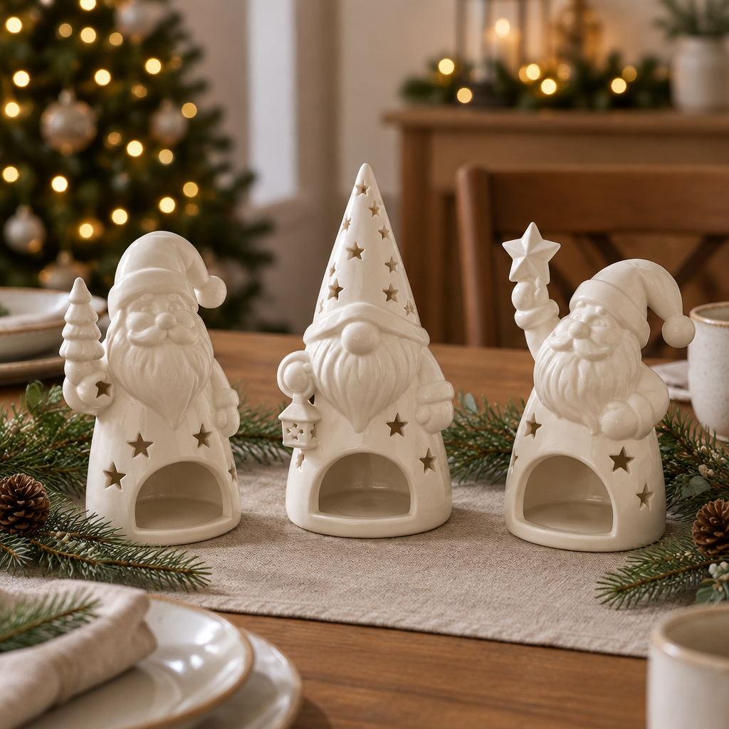 The set of three white Santa tealight holders arranged unlit on a Christmas dining table.