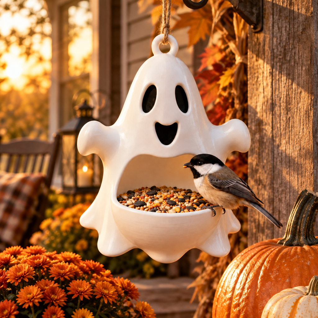 Ghost bird feeder by pumpkins on garden porch
