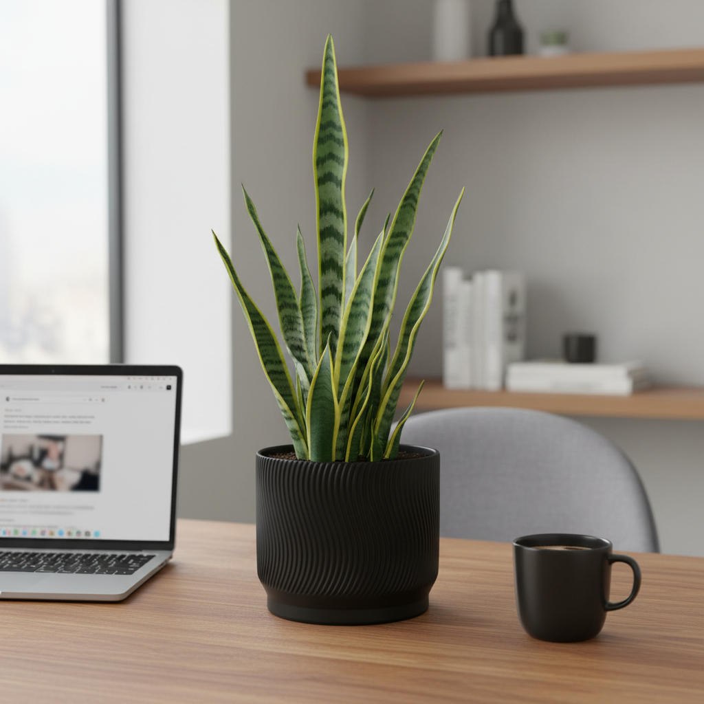 Matte black ribbed self-watering planter with snake plant on a wooden home office desk